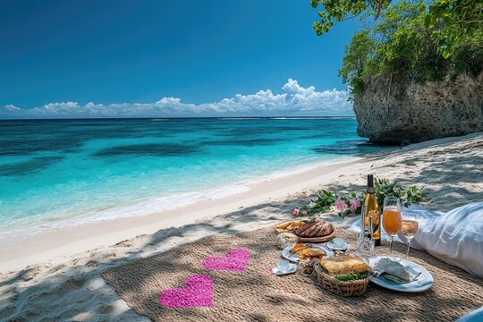 Romantic picnic setup embraces love on tropical beach paradise