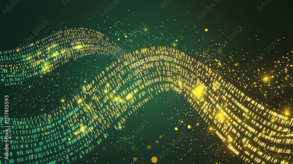 Poster flowing streams of light infused with binary patterns in vibrant colors and dynamic motion