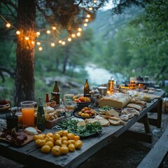 A beautifully arranged outdoor feast with various foods and drinks under string lights.