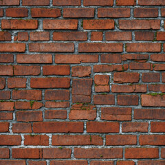 Obraz premium Rustic red brick wall with uneven surfaces, hints of moss and gray spots showing age and character, perfect for classic designs, fit for background