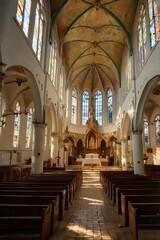 Fototapeta premium Sunlight Streaming Through Stained Glass Windows in a Historic Cathedral Interior