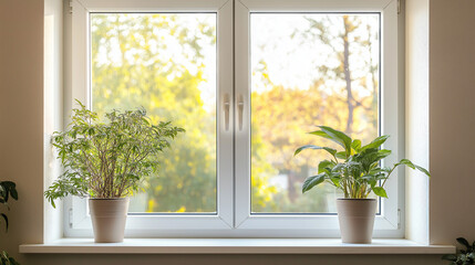 Fototapeta premium Sunny window with green plants on sill