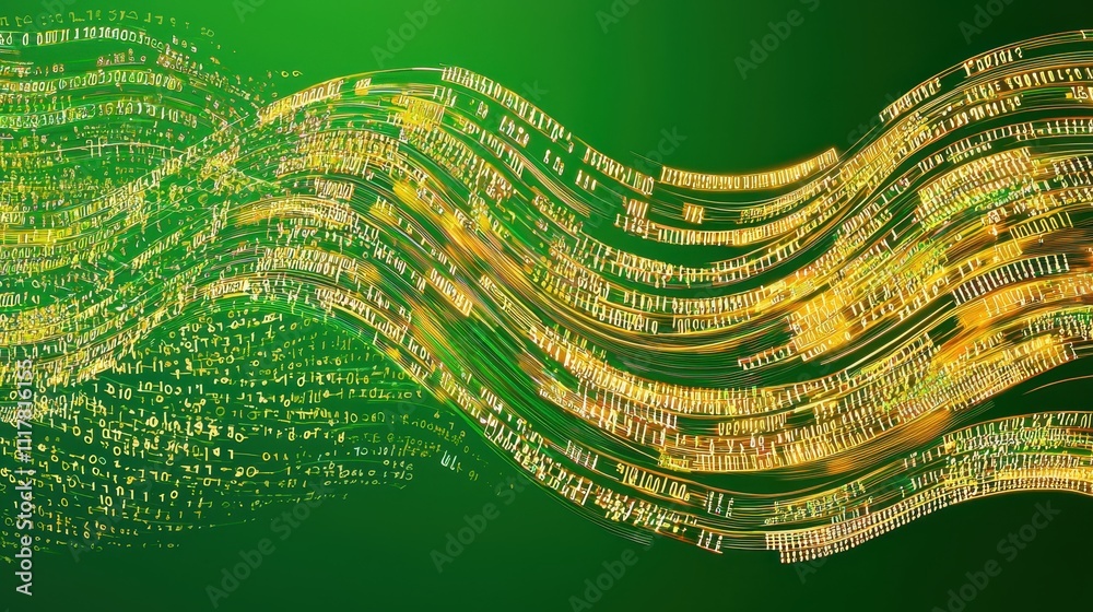 Poster flowing streams of light infused with binary patterns in vibrant green background