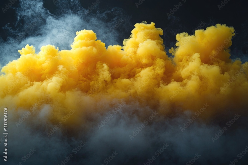 Poster a cloudy mass of bright yellow smoke on a dark black background, ideal for use in science or technol