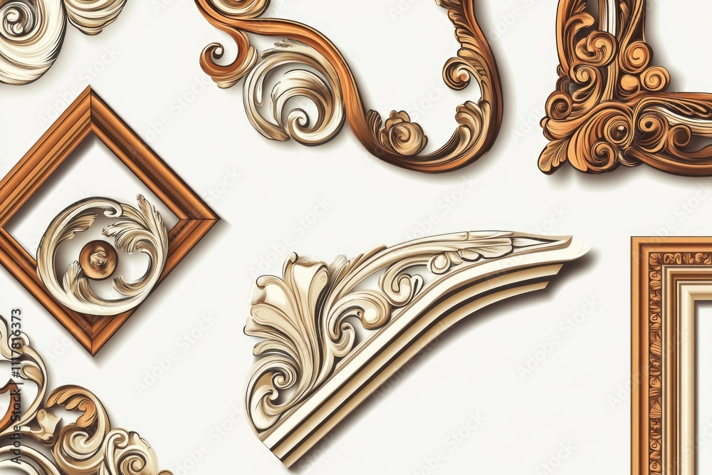Poster a collection of ornate wooden frames on a wall, suitable for displaying artwork or decorative items