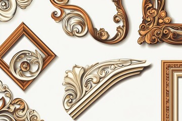 A collection of ornate wooden frames on a wall, suitable for displaying artwork or decorative items