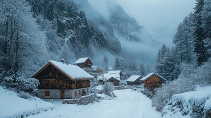 Naklejka premium Wooden mountain houses covered by snow during winter in the alps