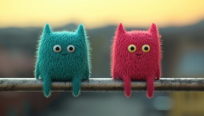 Colorful Fuzzy Characters Sitting on a Rail at Sunset