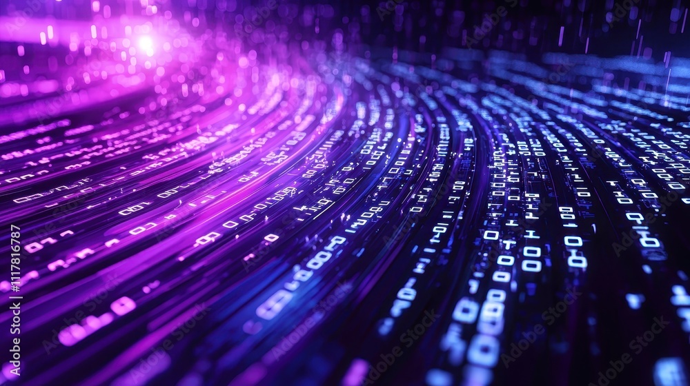 Poster flowing streams of light infused with binary patterns in vivid colors and textures