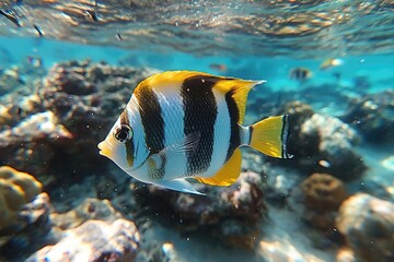 Obraz premium Threadfin butterflyfish swimming in turquoise tropical coral reef sea