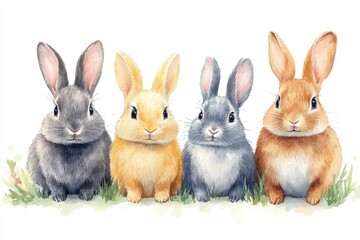 Obraz premium Four adorable rabbits in various colors sitting on grass, showcasing their cute features.