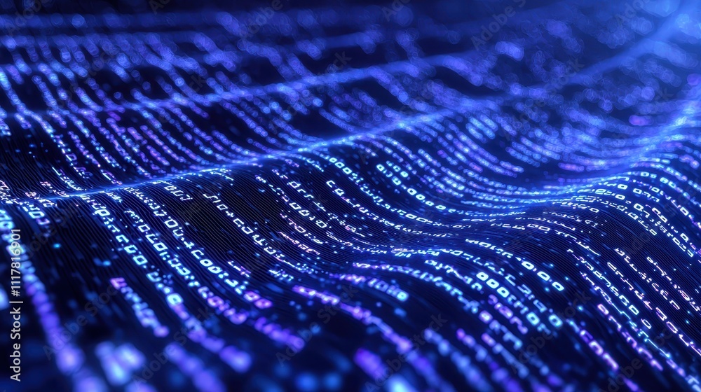 Poster flowing streams of light infused with binary patterns in vibrant colorful display