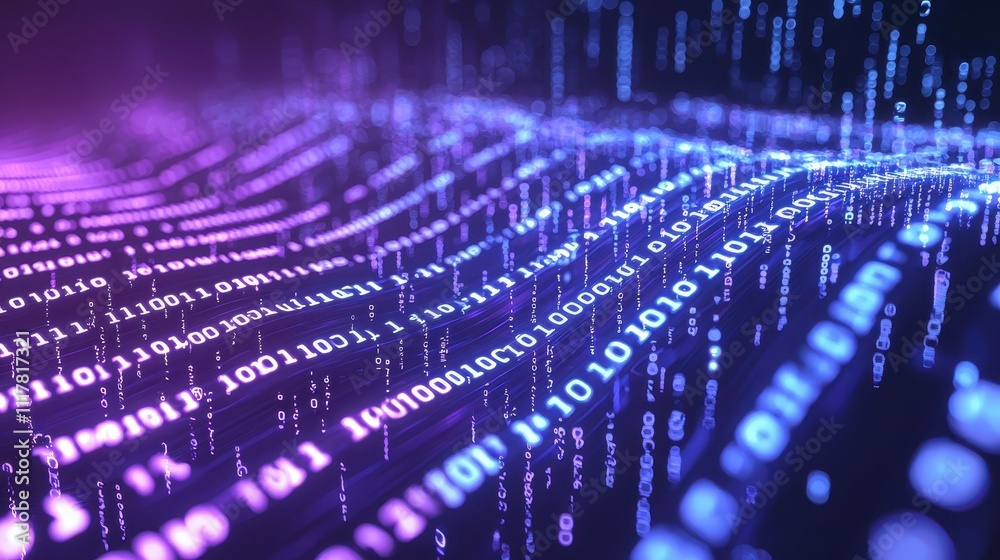 Poster flowing streams of light infused with binary patterns in high-definition digital space