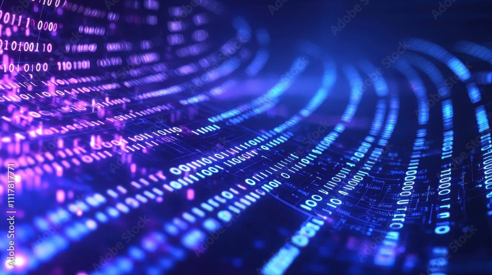 Poster flowing streams of light infused with binary patterns in a digital landscape
