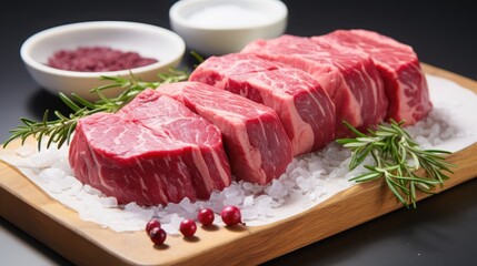 Fototapeta premium Precise cutting of wagyu beef raw rolls on white marble surface culinary precision with soft shadows