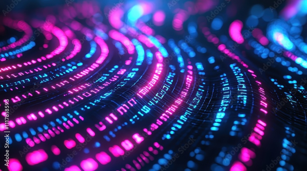 Poster flowing streams of light infused with binary patterns in vibrant colors