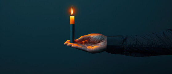 a scholarship certificate glowing in hand, A serene hand holds a lit candle, symbolizing hope, peace, and reflection in a dark environment.
