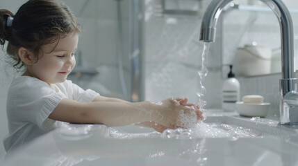 Fototapeta premium Handwashing habits in children, emphasizing good sanitation practices. Kid washing hands under a bathroom tap. Hygiene, health, and cleanliness. 