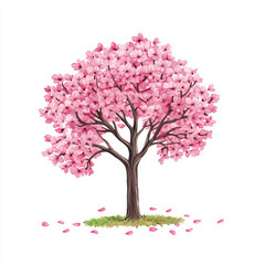 Obraz premium beautiful watercolor of blooming cherry blossom tree with vibrant pink flowers and scattered petals on ground, evoking sense of tranquility and springtime