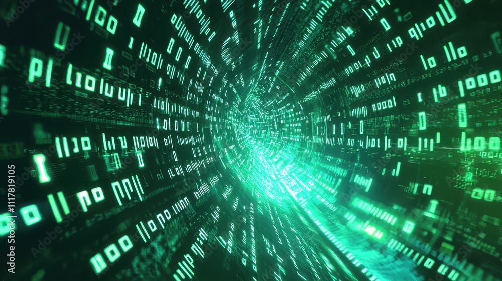 Poster flowing streams of light infused with binary patterns in a futuristic digital environment