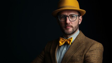 Man in a gold hat, bow tie, and glasses, paired with a textured suit, presenting a sophisticated look