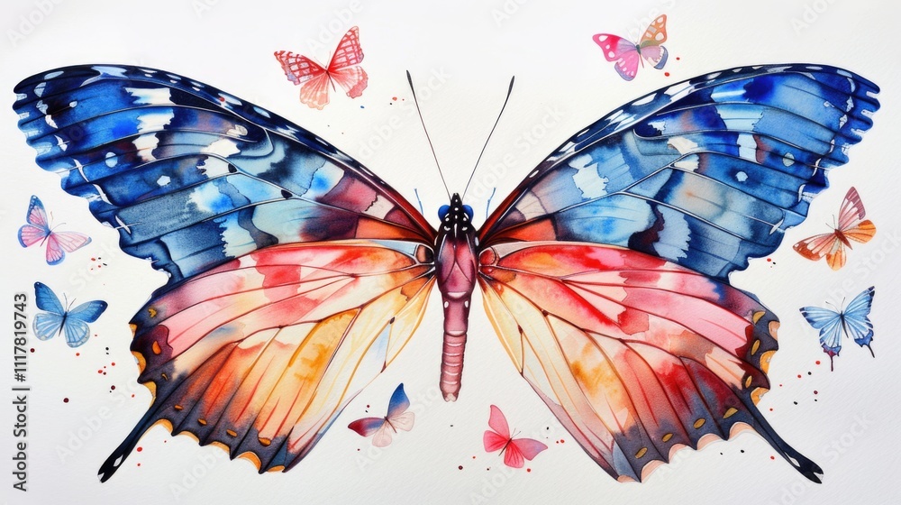 Poster a vibrant watercolor painting of a colorful butterfly with intricate details and patterns