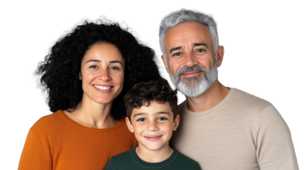 Family portrait with smiling parents and child on transparent background