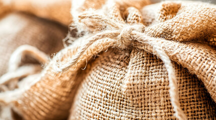 Obraz premium Close-up of burlap sack tied with twine; rustic, textured fabric; natural fibers; hemp; coarse woven texture; earthy tones; background blur.