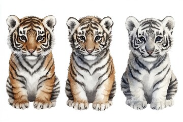 Obraz premium Three adorable tiger cubs, showcasing different fur patterns and colors.