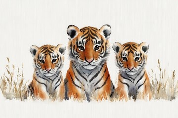 Obraz premium Three adorable tiger cubs sitting in a grassy area.
