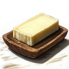 A block of cheese on a wooden plate, highlighting its texture and simplicity.
