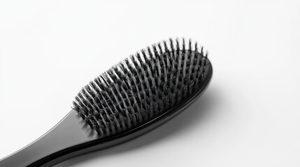 Close-up of a sleek black hairbrush with fine bristles on a white background, highlighting its modern design and functionality.