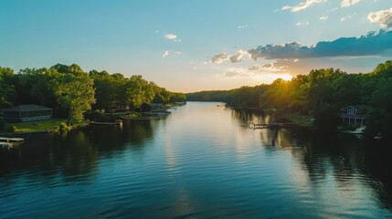 Fototapeta premium Capturing serene lakeside sunsets idyllic escape vibrant reflections calm waters lush forests nature's beauty