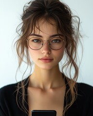 Fototapeta premium Portrait of a Young Woman with Brown Wavy Hair, Wearing Round Glasses, and Holding a Smartphone - Stylish and Modern Female Model