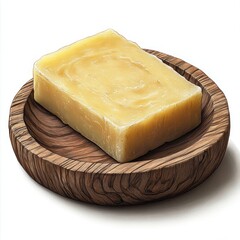 A block of cheese on a wooden plate, showcasing its texture and color.