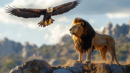 Lion is standing on a rock next to an eagle. The lion is looking at the eagle and seems to be ready...