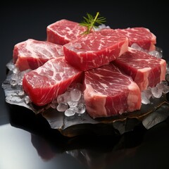 Searing raw wagyu medallions professional kitchen high-resolution photography glass surface symmetrical presentation culinary art