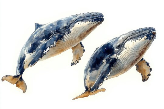 Two watercolor humpback whales swimming gracefully.