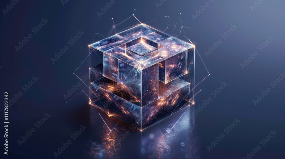 Poster visualizing quantum blockchain networks interconnected digital frameworks in a virtual environment f