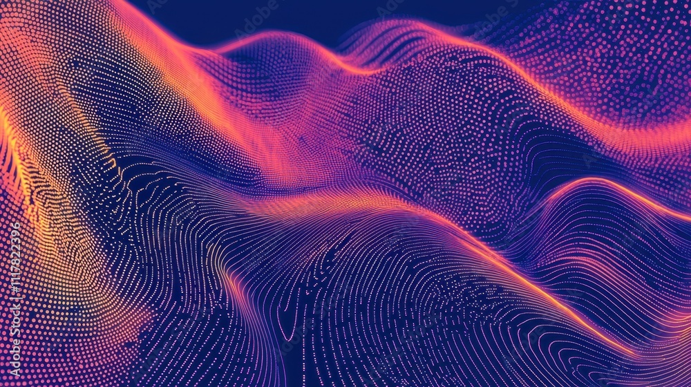 Poster flowing streams of light infused with binary patterns in vibrant colors and textures