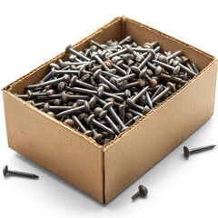 A box filled with numerous metal nails, commonly used for construction and repairs.