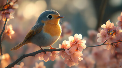 Fototapeta premium Cute Bird Perched on a Branch with Pink Flowers Illustration