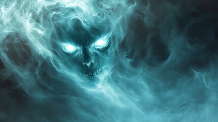 Obraz premium A ghostly figure emerges from swirling blue mist, evoking a sense of mystery and fear.