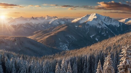 Majestic Sunset Over Snow Covered Mountain Ranges