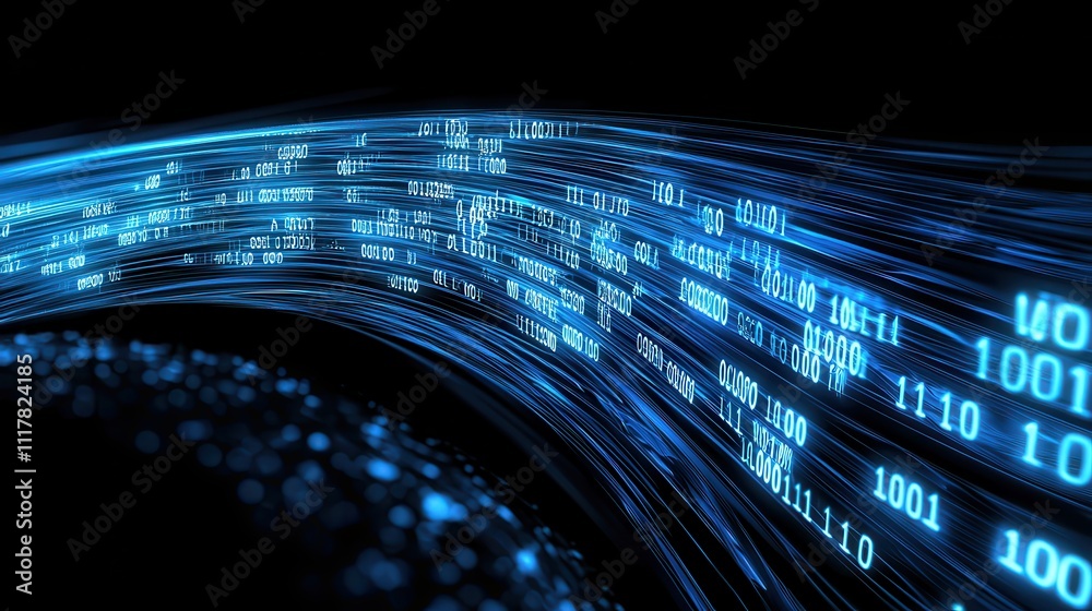Poster flowing streams of light infused with binary patterns in a dynamic digital environment