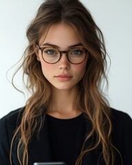 Obraz premium Portrait of a Young Woman with Freckles and Brown Hair Wearing Tortoise Shell Glasses - Close-up Studio Shot