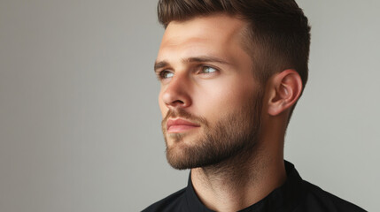 Naklejka premium Young Caucasian man in a thoughtful pose, gazing into the distance with a neutral background, highlighting his contemplative expression and tidy appearance.