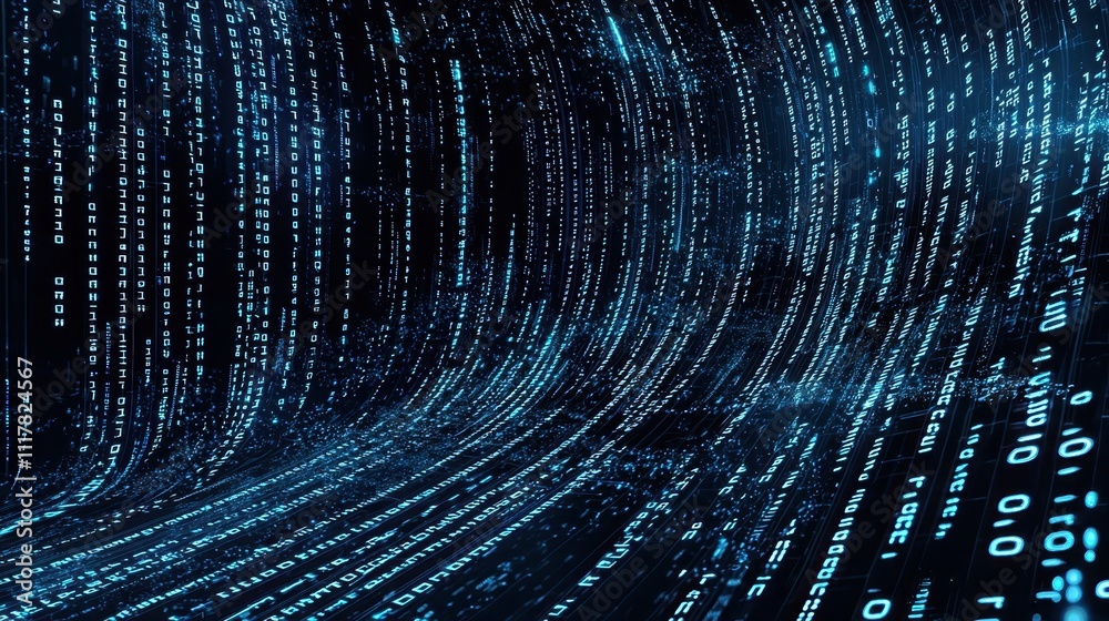 Poster flowing streams of light infused with binary patterns in a dynamic digital environment