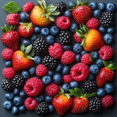 Obraz premium Vibrant Summer Berry Mix Close-Up of Fresh Strawberries, Raspberries, Blackberries, and Blueberries on Dark Background.