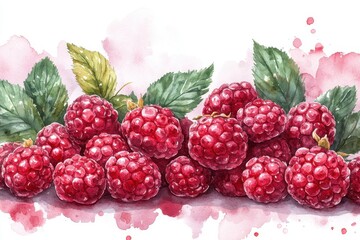 A watercolor illustration of fresh raspberries with green leaves, showcasing their vibrant color.